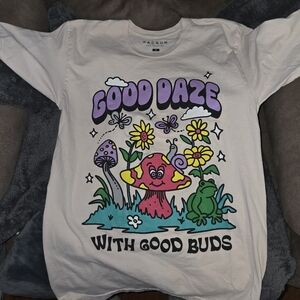 Pacsun T-Shirt Top Sz M Beige Good Daze Good Buds Print Mushroom Floral Frog